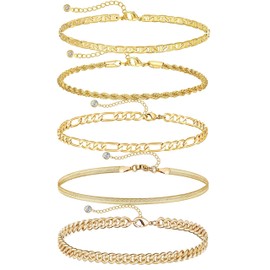 DEARMAY Gold Ankle Bracelets for Women Waterproof - Dainty 6Pcs 14K Gold Plated Anklets Layered Cuban Link Chain Herringbone Cute Anklets Set Pack Summer Beach Jewelry Gift for Women Teen, 8.5in,