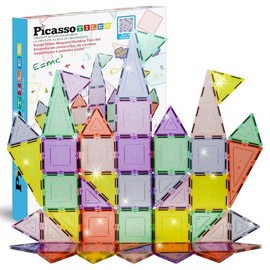 PicassoTiles 48 Piece Magnetic Blocks Magnet Tiles Magnets Building Blocks Construction Toy Set with Reflective Leaf Flakes Magnetic Building Tiles...