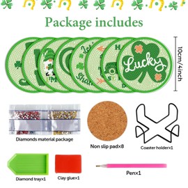 8 Pcs St. Patrick's Day Diamond Art Coasters Kits with Holder Irish Shamrock Gnome Diamond Art Coaster with Cork Bases for Adults Diamond Kits for St. Patrick's Day Holiday Present