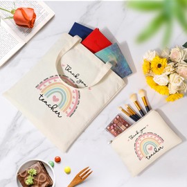Teacher Gifts for Women, Teacher Appreciation Gifts Canvas Tote Bags, Travel Beach Bag Reusable Grocery Shopping Bag & Teacher Cosmetic Bag Makeup Bag