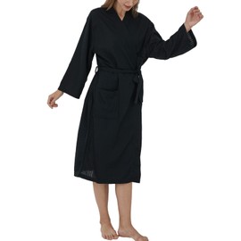 aromm Waffle Robes Unisex V-Neck 3/4 Sleeve Long Dress Sleepwear with Belt, black