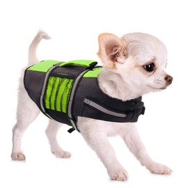 Queenmore Dog Life Jacket Lifesaver Preserver High Buoyancy with Emergency Grab Handle for Small & Medium Dogs Green, X-Small