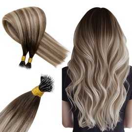 Hetto Nano Extensions Real Human Hair Blonde Remy Straight Balayage Dark Brown to Platinum Blonde Nano Beads Hair Extensions Invisible Ring 50s 50g 16 Inch #3/8/22