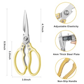 AWinjoy Kitchen Scissors, Heavy Duty Sharp Shears Dishwasher Safe, Kitchen Accessories Cooking Shears for Meat Chicken Fish Poultry Herb Bread (gold)