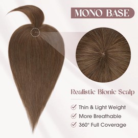 MY-LADY Human Hair Toppers for Women Real Human Hair with Bangs Thin 8.5 * 8.5CM Mono Base Clip in Remy Hairpieces Light Weight 12 Inch Medium Brown