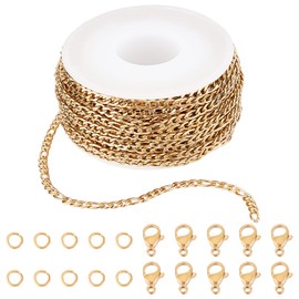 SUNNYCLUE DIY 10 m 32.8 Feet 3 mm Gold Chain Roll Figaro Chains Stainless Steel Cable Chain Necklace Chains with Jump Rings Lobster Clasps for Women Adults Jewellery Making Kits Necklaces Bracelets