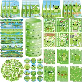 Obussgar Frog Party Favor Supplies Including Cartoon Frog Theme Gift Bags, Stickers, Badges, Bracelets, for Children's Birthday Party Supplies