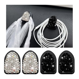Yourkar 4PCS Bling Car Mini Hooks, Multifunctional Adhesive Small Auto Storage Hook for Key Cable Mask, Crystal Rhinestone Dashboard Hanging Hook, Interior Decor Car Accessories (Black+White)