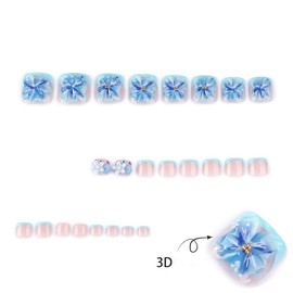 YIHONGYAN Blue French Tips Press on Toenails Square Short Spring Nude Fake Toe Nail Artificial Acrylic Set 3D Flower Rhinestones Design Full Cover False Nails Stick on Nails Reusable for Women 24Pcs