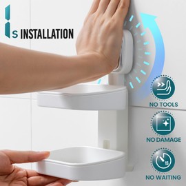 TAILI Double Layer Soap Dish for Shower, Max Hold 5 KG Suction Soap Holder for Bathroom, Wall Mounted, Waterproof, Removable Shower Organizer, Square Suction Cup Sponge Sink Holder, Plastic In White