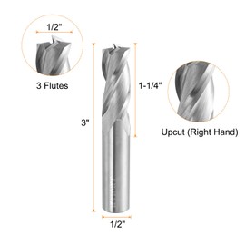 sourcing map Spiral Router Bit 1/2" Cut Dia 1/2" Shank Up Cut Solid Carbide 3 Flutes CNC End Mill Milling Bits for Wood Plastic Soft Metal (1-1/4" Cut Length 3" Long)