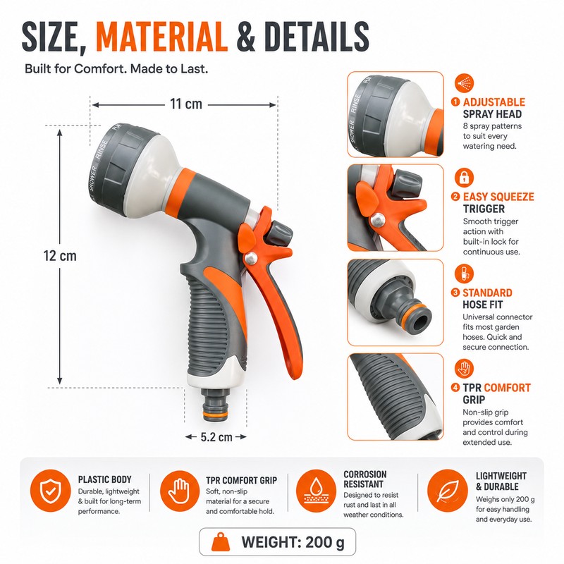 8-Pattern Garden Hose Nozzle for Watering – Adjustable Spray Gun