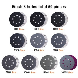 POLIWELL 5 Inch Sanding Discs 8-Hole Hook and Loop Sandpaper 10 Grades Include 80, 120, 180, 240, 400, 600,800, 1000, 1500, 2000 Grits 50 Pack + 5 in Buffing Pad for Random Orbital Sander
