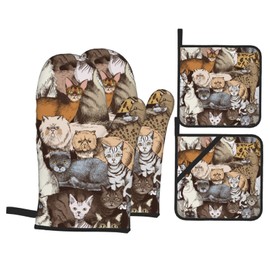 Purebred Cats Oven Mitts and Pot Holders Set of 4, Oven Mittens and Potholders Heat Resistant Gloves for Kitchen Cooking Baking Grilling BBQ