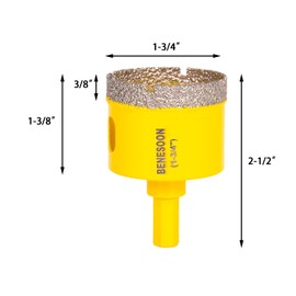 BENESOON Diamond Hole Saw for Glass Ceramic Tile Granite Marble Porcelain Brick Stone, Diamond Core Drill Bits, Triangle Shank, 1-3/4 Inch 1PC