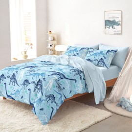 Wake In Cloud - Dinosaur Bedding Set for Boys, Colorful Dino Skeleton Fossil, Soft Lightweight Comforter Set with Sheets, 5 Pieces Kids Bed in a Bag, Light Blue, Twin Size