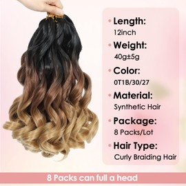 GetMaige French Curl Crochet Hair For Women 12 Inch Crochet Braids With Curly Ends Hair Extensions Crochet Hair Pre Stretched French Curl Crochet Short Hair (12 Inch,8 Packs, OT1B/30/27)