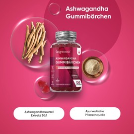 Ashwagandha 1200 mg - 120 Gummy Bears - 2 Months Supply - No Gelatin, Vegan & Gluten Free - Raspberry Flavour - Ashwagandha Root Extract (Withania Somnifera) - Natural Ingredients - WeightWorld