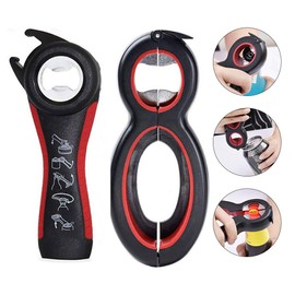Multi Bottle Opener,2 Pieces Multi Bottle Can and Jar Grip Opener,Include 5-in-1 and 6-in-1, Twist Off Lid Kitchen Tool Suitable for Seniors or Arthritic Hands(Black+Red)