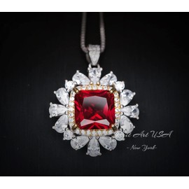Luxury Square 7 CT Red Ruby Necklace, Diamond Surround 18KGP @ Sterling Silver - Radiant Cut Large 10 MM Red Ruby Pendant 18"+2" Chain