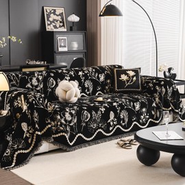 DREAMINGO Black Floral Couch Cover Farmhouse Botanical Jacquard Sofa Covers for 2 Cushion Couch Cozy Chenille Living Room Furniture Loveseat Sectional Sofa Slipcovers Washable, Large 71"x118"