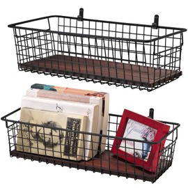 SheeChung 2 Set [Extra Large] Portable Metal Farmhouse Wall Decor Storage Organizer Basket Bin with Handles & Floating Shelves for Hanging in Bathroom, Kitchen, Office-Wall Mount Hooks, Black