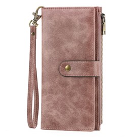 GOIACII Women's Large Long Format Leather Wallet with RFID Protection, Purse for Women with 16 Card Slots and Hand Strap, Brownish Pink