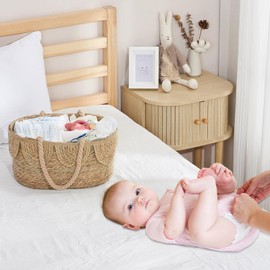 FairyHaus Diaper Caddy Organizer, Portable Natural Wicker Diaper Caddy with Rope Handles and Cotton Divider, Handwoven Seagrass Diaper Caddy Basket with Scalloped Edge for Nursery