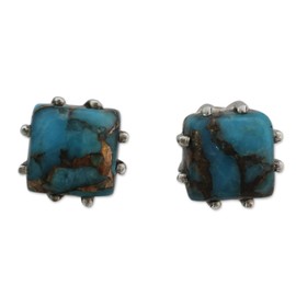 NOVICA Artisan Handmade Sterling Silver Stud Earrings with Composite Turquoise Reconstituted Blue India [0.3 in L x 0.3 in W x 0.2 in D] ' Ocean Sky'
