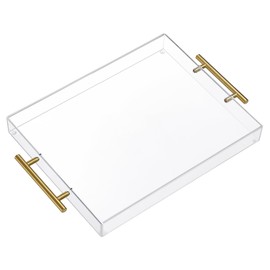 11"x14" Clear Acrylic Serving Tray with Golden Handles, Sturdy Huge Capacity Acrylic Tray for Coffee, Juice, Kitchen and Desk Organizer (11"x14")