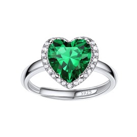 Bestyle Heart May Emerald Birthstone Rings Embellished with White Cubic Zirconia Minimalist Sterling Silver Open Band Gemstone Rings for Birthday/Christmas/Party/Anniversary/Wedding