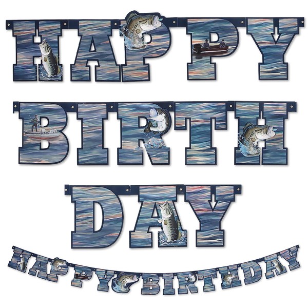 Havercamp Gone Fishin' Happy Birthday Banner, 7-Inch Letters, 7.75 Foot for Parties, Events, Retirement, Father's Day