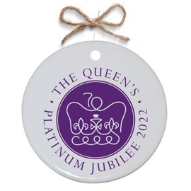 Second Ave Queens Platinum Jubilee Logo 2022 White Ceramic Hanging Circle Christmas Xmas Tree Decoration Bauble