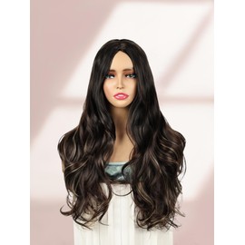 QUEENTAS 24 Inch Long Black Wigs for Women Ladies Wigs Synthetic Wig Wavy Middle Part Curly Wig for Daily Party (Black Mix Brown)