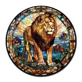 Lygond Metal Sign Tin Sign Circular Stained Glass Lion Garden Metal Sign for Club 12×12 Inches
