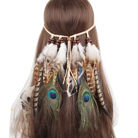 Indian Feather Headdress Peacock Hippie Headband Boho Headwear Carnival Head Pieces for Necklace Waistband Hair Accessories Masquerade Fancy Dress Party Festival (Style 7)