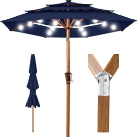Best Choice Products 10ft 3-Tier Solar Patio Market Umbrella, Outdoor Sun Shade for Backyard, Deck, Poolside, Table w/Woodgrain Pattern, LED Lights, Tilt Adjustment - Navy Blue