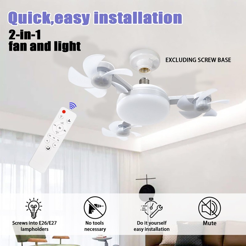 amgolibi Socket Fan Light with Remote, Screw in Ceiling Fan,