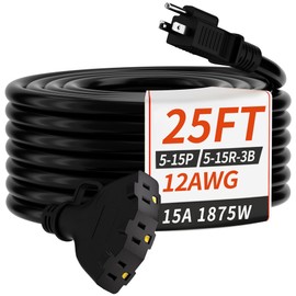 PlugSaf 25 FT 12 Gauge Outdoor Extension Cord with Multiple Outlets, Flexible 3 Outlet Weatherproof Heavy Duty Extension Cord Waterproof Black, 15A 1875W 12AWG SJTW, ETL Listed