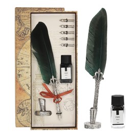 PATIKIL 26cm/11 Carved Feather Pen Set, Vintage Quill Pen with Ink Set 5 Replacement Nibs Stand Base for Calligraphy Writing Dip Pen Wedding Gifts, Dark green