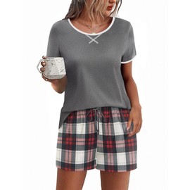 Ekouaer Women's Pyjamas Shorts Set Summer Pjs Set Two Piece Sleep & Lounge Soft Ladies Nightwear Sleepwear with Pockets,Grey Check Shorts,XXL