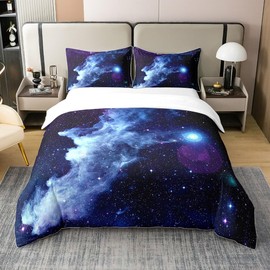Glittering Galaxy Sky 100% Cotton Duvet Cover,Mystery Galaxy Blue Nebula Breathable Comforter Cover,Dreamy Universe Watercolor Dark Night Comforter Cover 3 Pcs with 2 Pillowcases Queen Size
