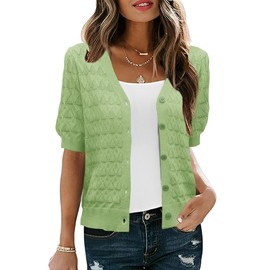 IECCP Short Sleeve Cardigan for Women Lightweight Summer Cardigan Puff Sleeve Jacket Hollowed-Out Shrug Knit Sweater V Neck Button Down Tops (Green,XXL)