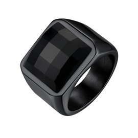 Bestyle Black Men Signet Ring-15mm*15mm Black Onyx Gemstone Ring Cubic Zirconia Ring for Men-Chunky Black Metal Plated Stainless Steel Ring Cool Band Finger Ring, Size 10