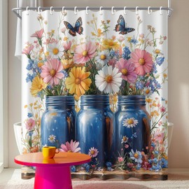 IOHEFY Mason Jar Floral Shower Curtain 72x72 Inch Wildflower Watercolor Print Bathroom Curtain Country Farmhouse Rustic Blue Jar Botanical Decor for Cottage Bath Tub Shower Accessories
