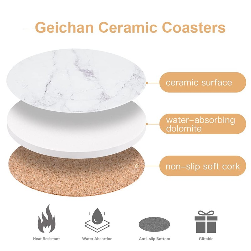 White Coasters,Geichan Coasters Set of 6, Ceramic Marble Coaster with