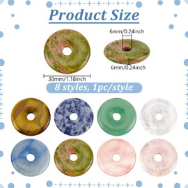 BENECREAT 8Pcs Donut Natural Stone Pendants Gemstone Donut Charms Flat Round Stone Beads Pendants (Hole: 6mm/0.2inches) for Jewelry Making DIY Necklace Accessory Gift Party