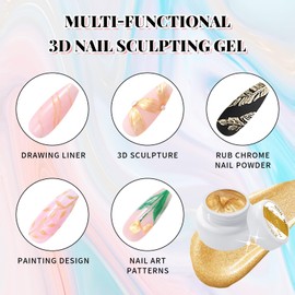 U-Shinein 3D Nail Sculpting Gel,Non Wipe Painting Nail Polish Gel with Nail Painting Pen for Art Carving Modeling,Rub Chrome Nail Powder,and Nail Painting UV/Led Manicure DIY, #Gold