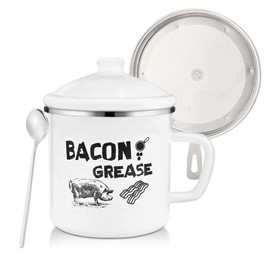 BokingOne Bacon Grease Container with Strainer, 1.2L/42oz Large Stainless Steel Cooking Oil Container With Lid & Spoon, White Enamel Bacon Grease Keeper for Bacon, Kitchen Cooking or Frying Oil