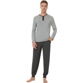NACHILA Mens Pajamas Set Long Sleeve Henley Sleepwear Top Soft Jogger Pants Pajamas Cool Pjs Set,Viscose Made from Bamboo Heather Grey/Charcoal Heather L